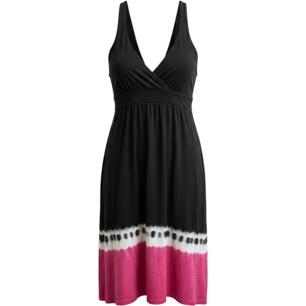 EcoSkin Sun Dress  M Black Pink 92% Hemp Blend Tie Dye V-Neck USA Eco friendly